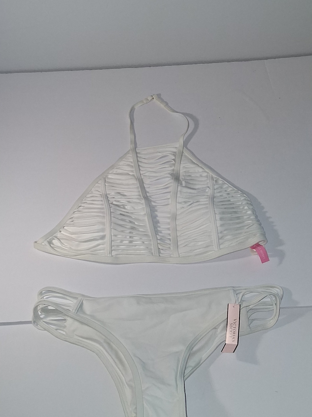 Victoria's Secret White Strappy Halter Bikini Set TOP Sz M, BOTTOM Sz S